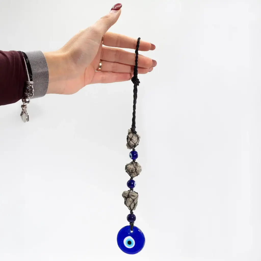 Hanging Stone Pendant – Pirite Stones & Beads- Evil Eye | www.artisangoods.co.uk 3