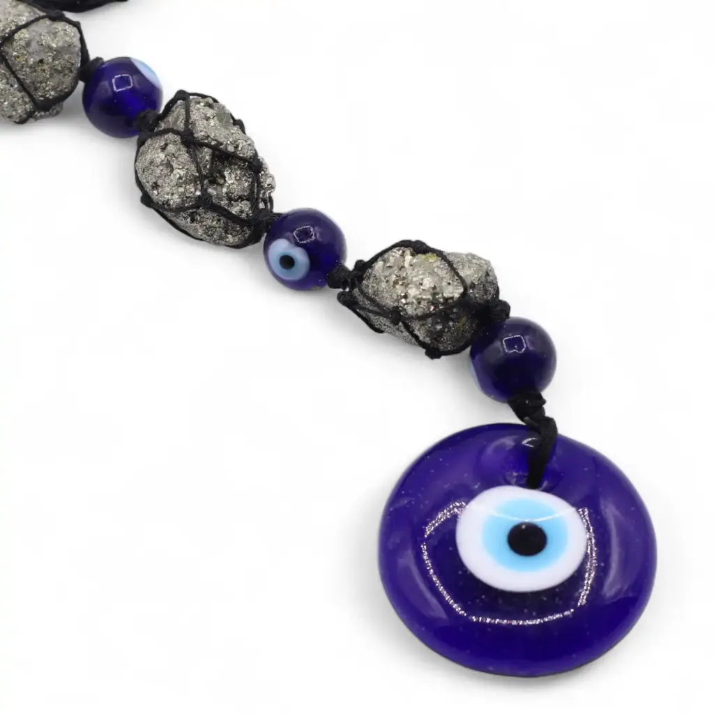 Hanging Stone Pendant – Pirite Stones & Beads- Evil Eye | www.artisangoods.co.uk Hanging Stone Pendant – Pirite Stones & Beads- Evil Eye | www.artisangoods.co.uk