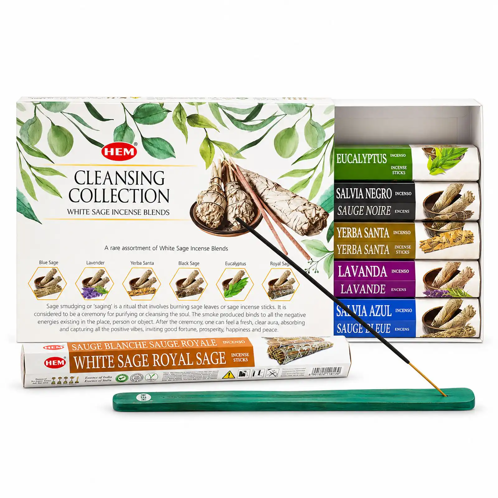 HEM Hexagonal Incense - White Sage Collection & Ashcatcher (asst pack 6)