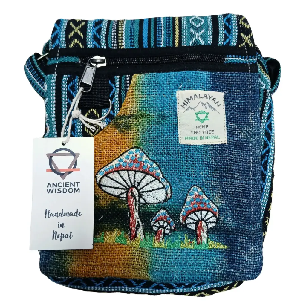 Hemp Embroidery Mushroom Party Bag – Green Mushrooms | www.artisangoods.co.uk