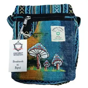 Hemp Embroidery Mushroom Party Bag – Green Mushrooms | www.artisangoods.co.uk 1