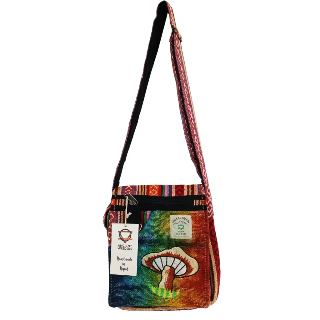 Hemp Embroidery Mushroom Party Bag – Orange Mushrooms | www.artisangoods.co.uk 4