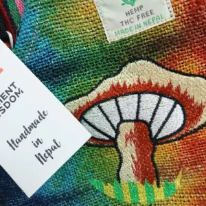 Hemp Embroidery Mushroom Party Bag – Orange Mushrooms | www.artisangoods.co.uk 2