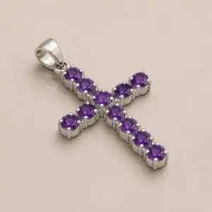 Indian Devotional Pendant - Silver Plated (45cm Chain)- Amethyst Crucifix