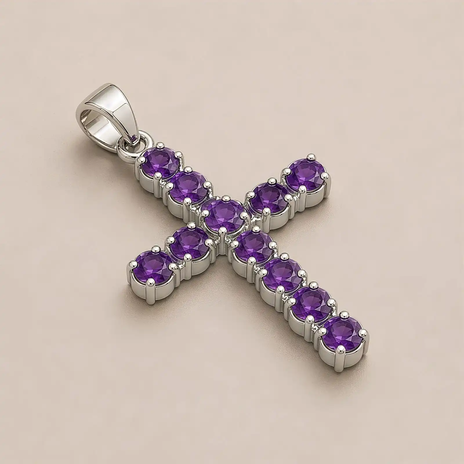Indian Devotional Pendant - Silver Plated (45cm Chain)- Amethyst Crucifix