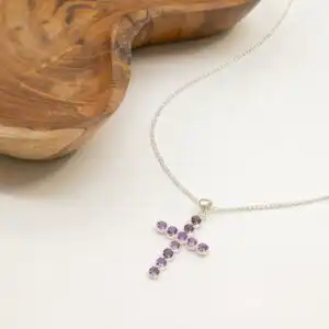 Indian Devotional Pendant - Silver Plated (45cm Chain)- Amethyst Crucifix