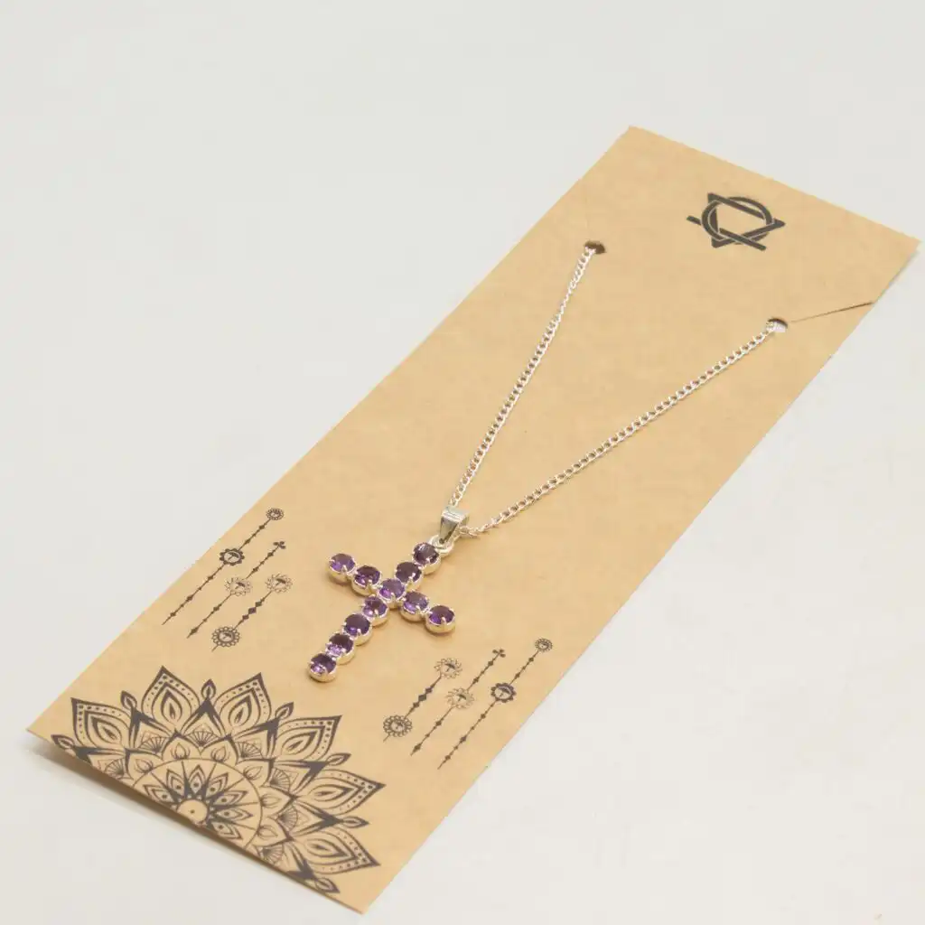 Indian Devotional Pendant - Silver Plated (45cm Chain)- Amethyst Crucifix