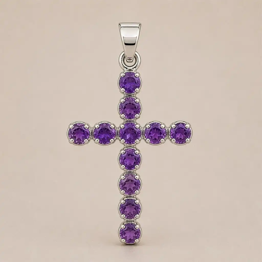 Indian Devotional Pendant - Silver Plated (45cm Chain)- Amethyst Crucifix