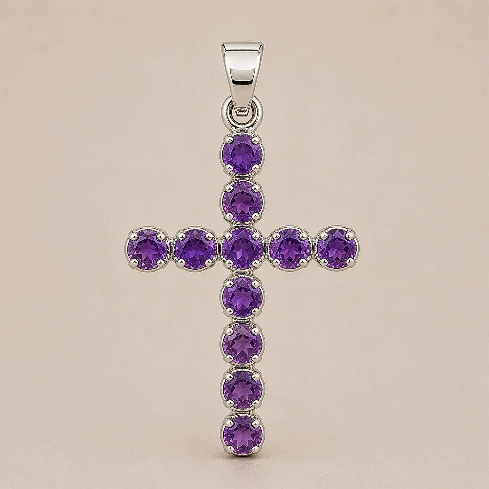 Indian Devotional Pendant - Silver Plated (45cm Chain)- Amethyst Crucifix