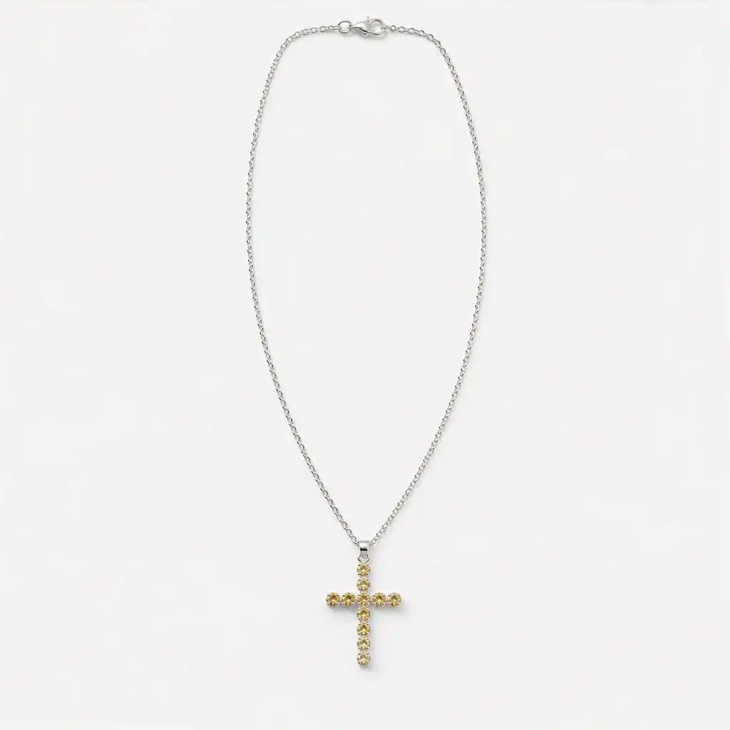 Indian Devotional Pendant - Silver Plated (45cm Chain)- Citrine Crucifix