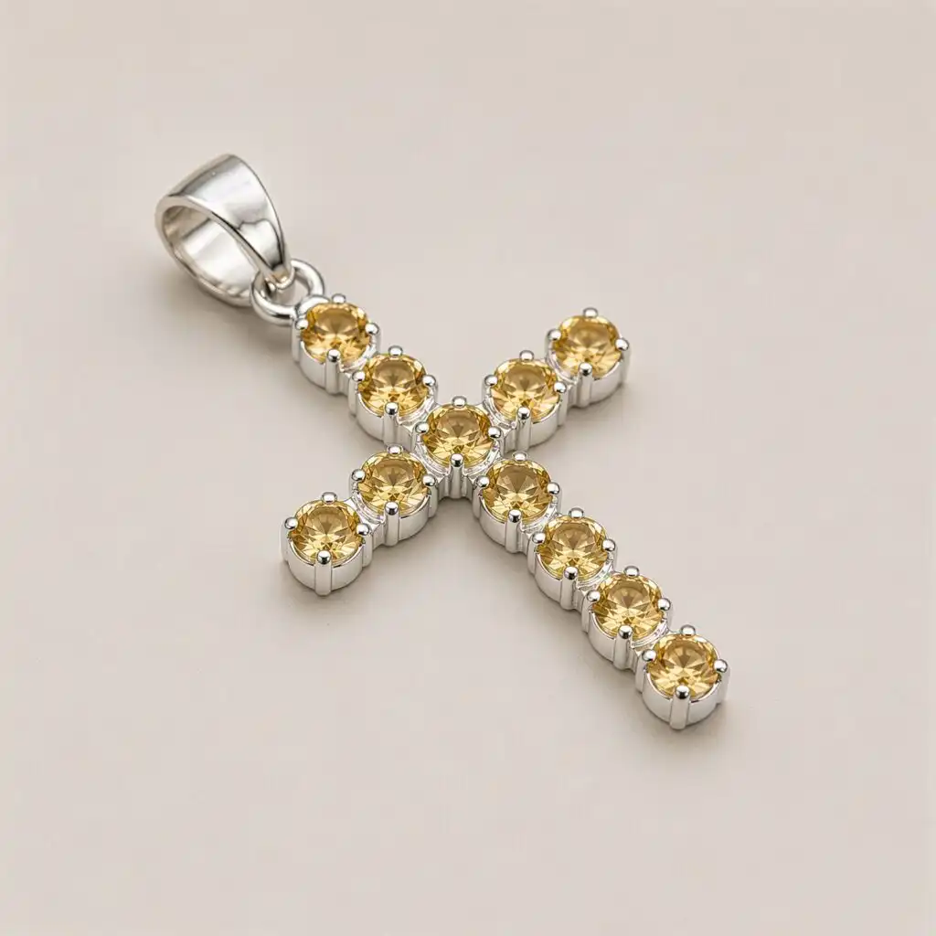 Indian Devotional Pendant - Silver Plated (45cm Chain)- Citrine Crucifix
