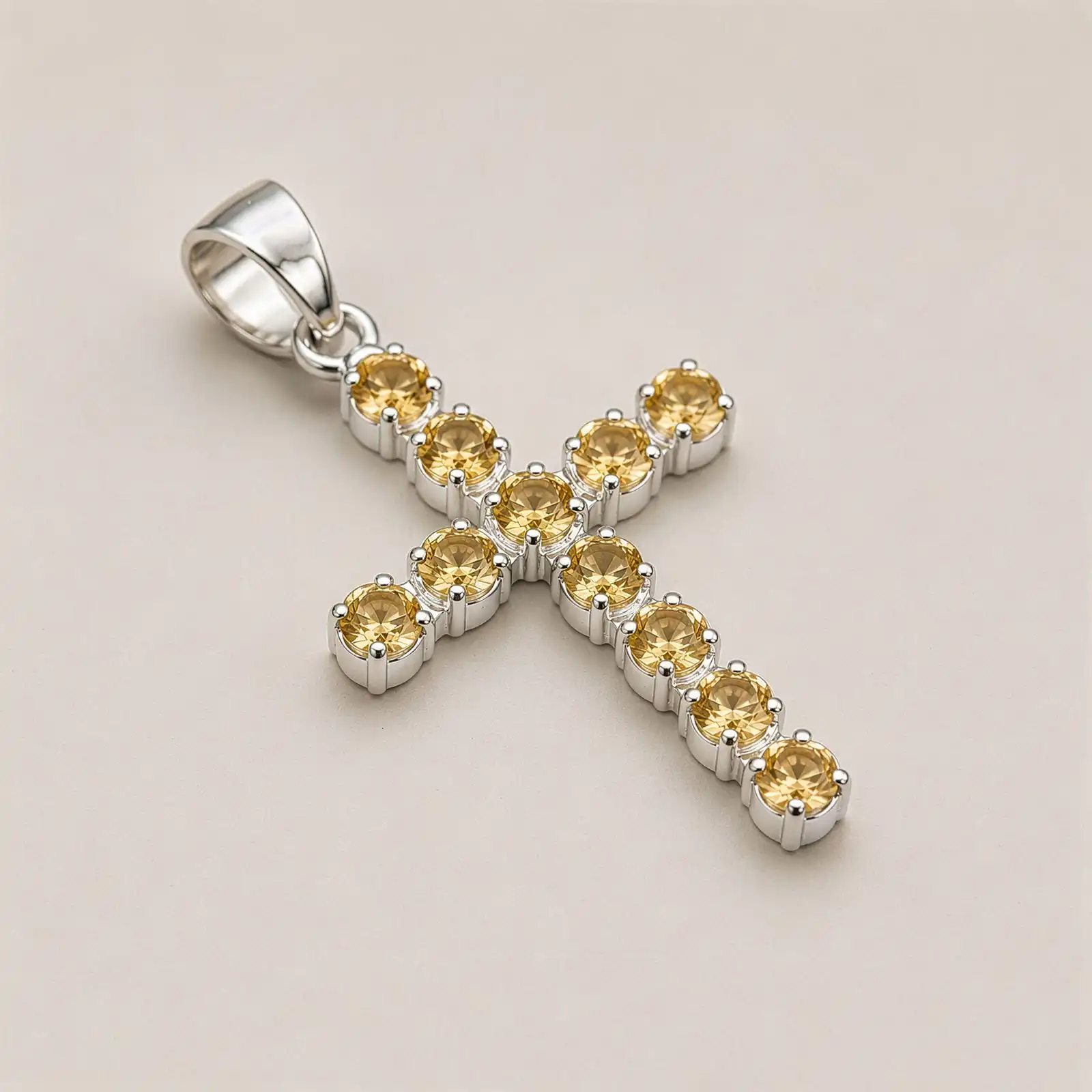 Indian Devotional Pendant - Silver Plated (45cm Chain)- Citrine Crucifix