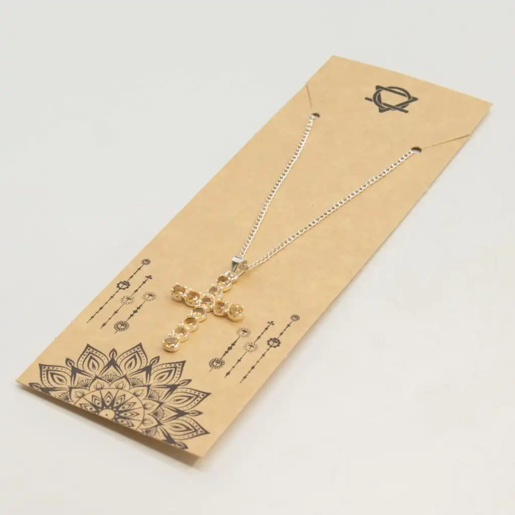 Indian Devotional Pendant - Silver Plated (45cm Chain)- Citrine Crucifix