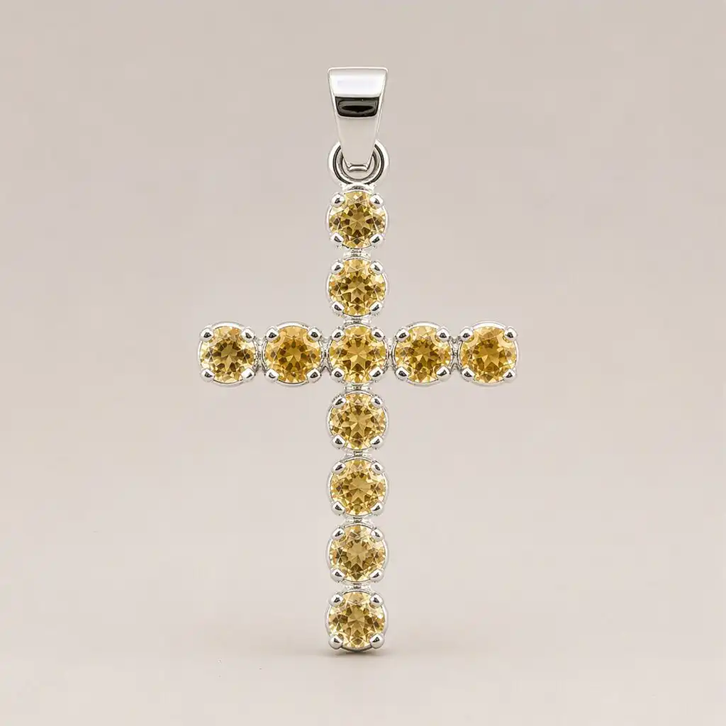 Indian Devotional Pendant - Silver Plated (45cm Chain)- Citrine Crucifix