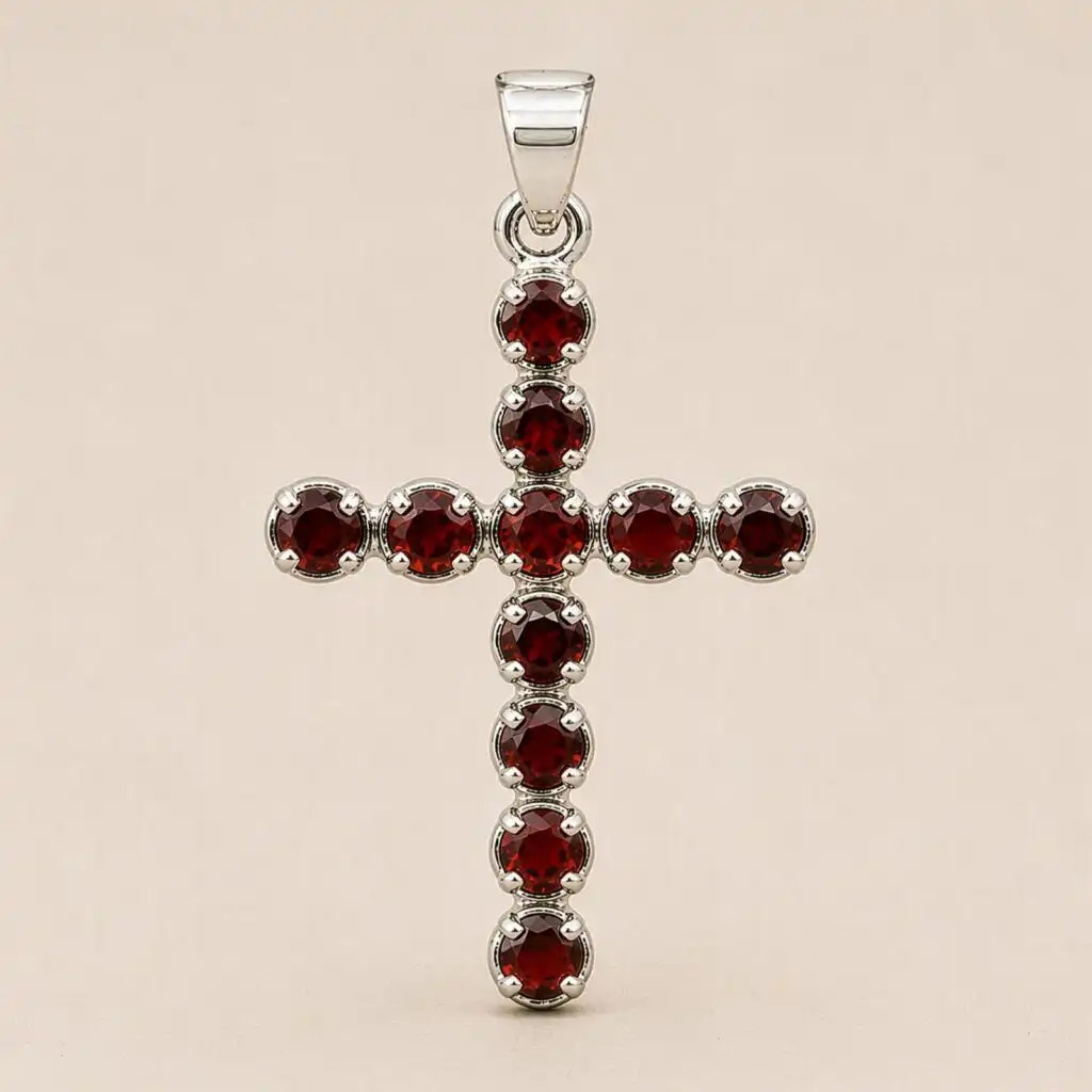 Indian Devotional Pendant - Silver Plated (45cm Chain)- Garnet Crucifix