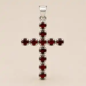 Indian Devotional Pendant - Silver Plated (45cm Chain)- Garnet Crucifix