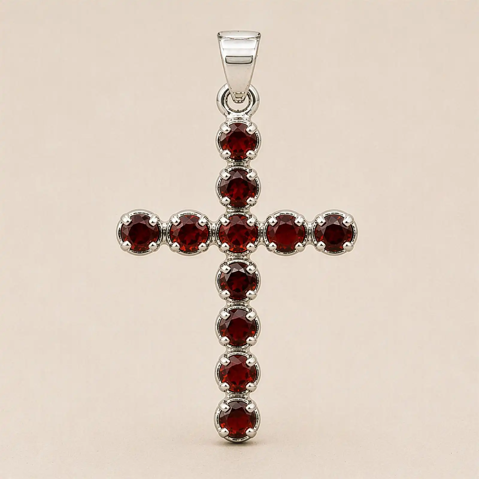 Indian Devotional Pendant - Silver Plated (45cm Chain)- Garnet Crucifix