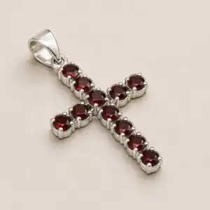 Indian Devotional Pendant - Silver Plated (45cm Chain)- Garnet Crucifix