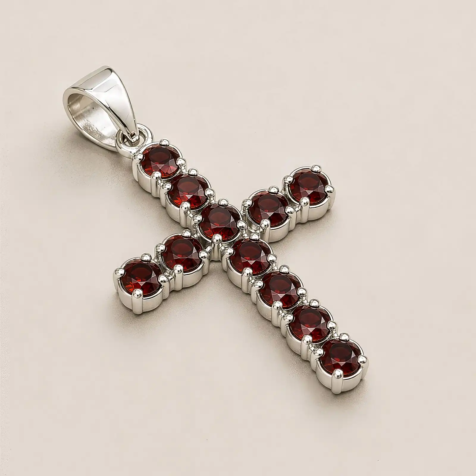 Indian Devotional Pendant - Silver Plated (45cm Chain)- Garnet Crucifix