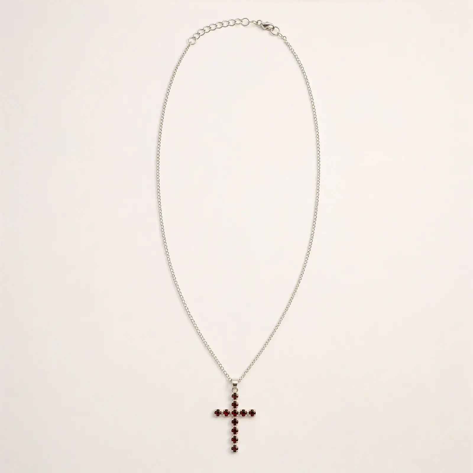 Indian Devotional Pendant - Silver Plated (45cm Chain)- Garnet Crucifix