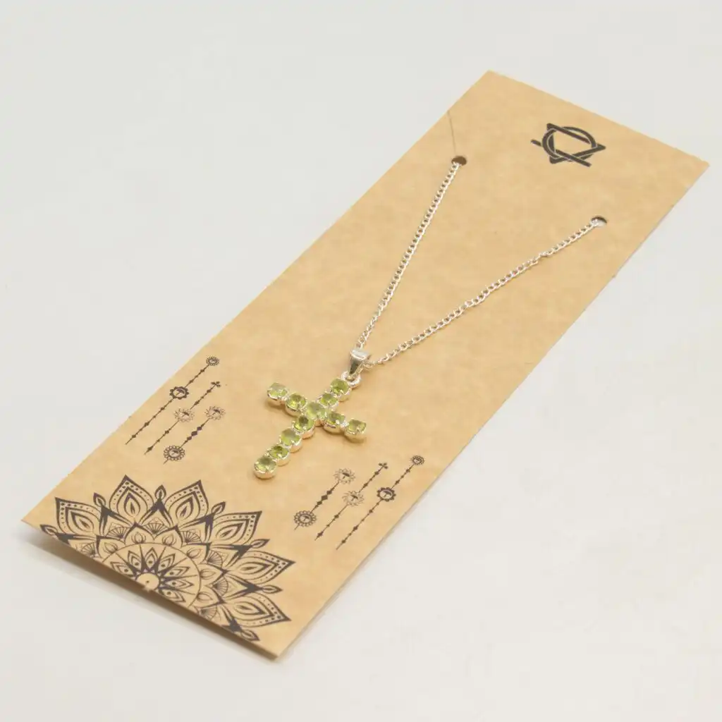 Indian Devotional Pendant - Silver Plated (45cm Chain)- Peridot Crucifix