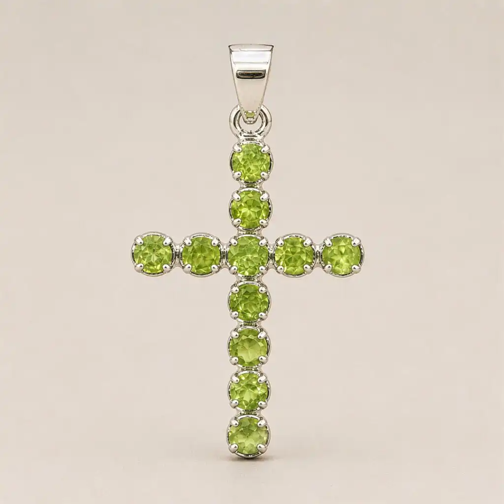 Indian Devotional Pendant - Silver Plated (45cm Chain)- Peridot Crucifix