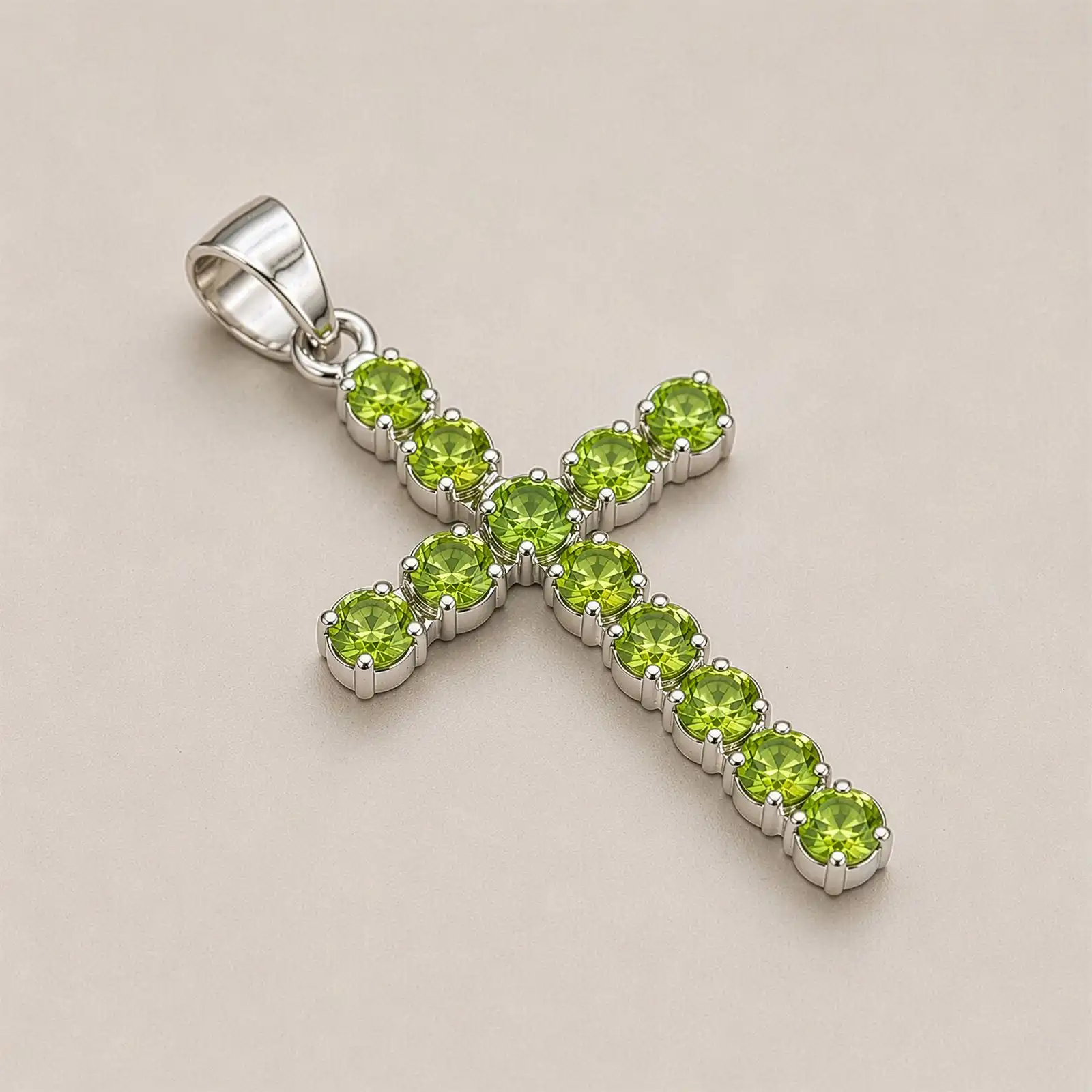 Indian Devotional Pendant - Silver Plated (45cm Chain)- Peridot Crucifix