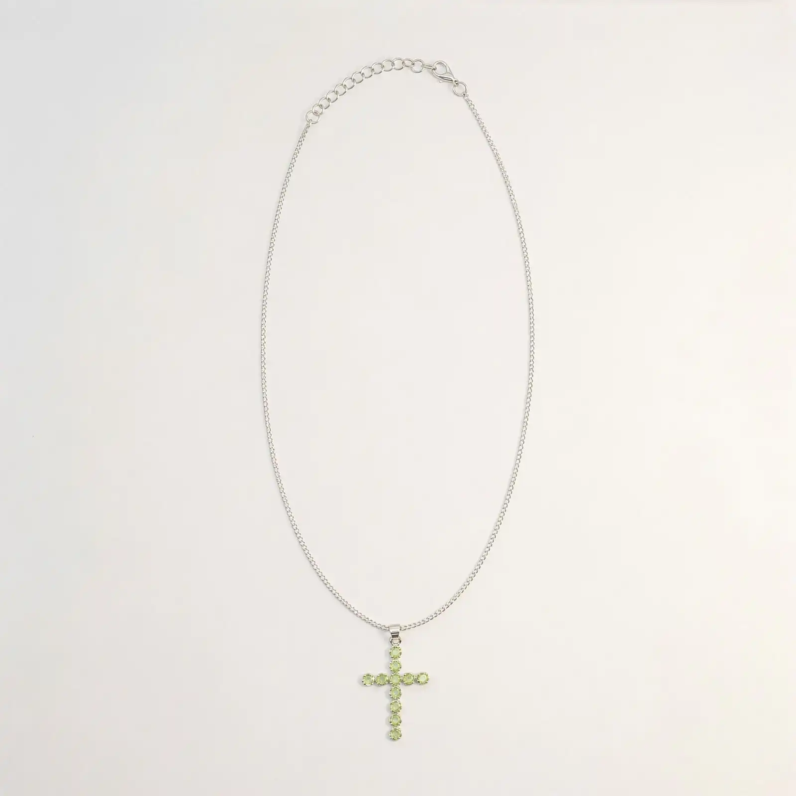 Indian Devotional Pendant - Silver Plated (45cm Chain)- Peridot Crucifix