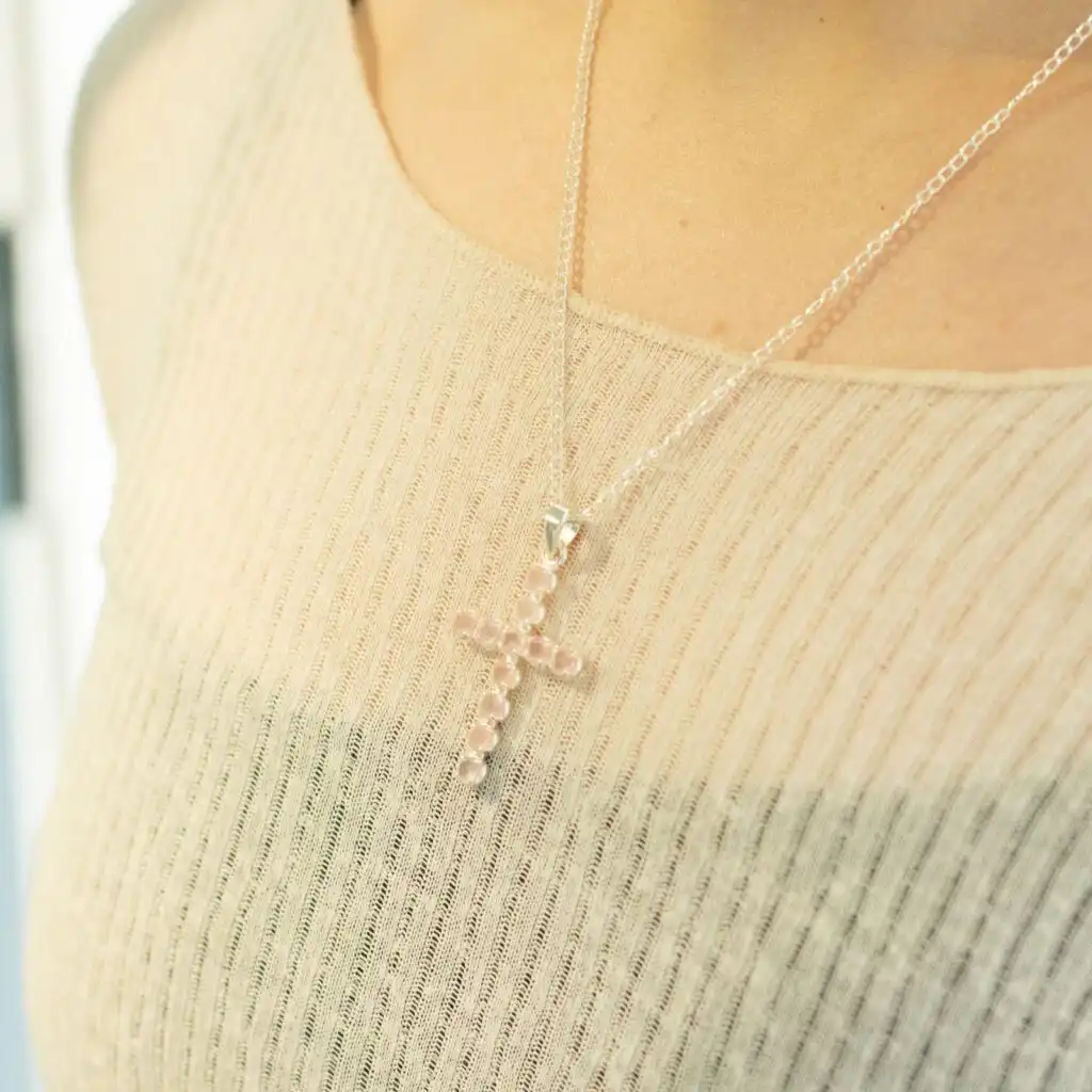 Indian Devotional Pendant - Silver Plated (45cm Chain)- Rose Quartz Crucifix