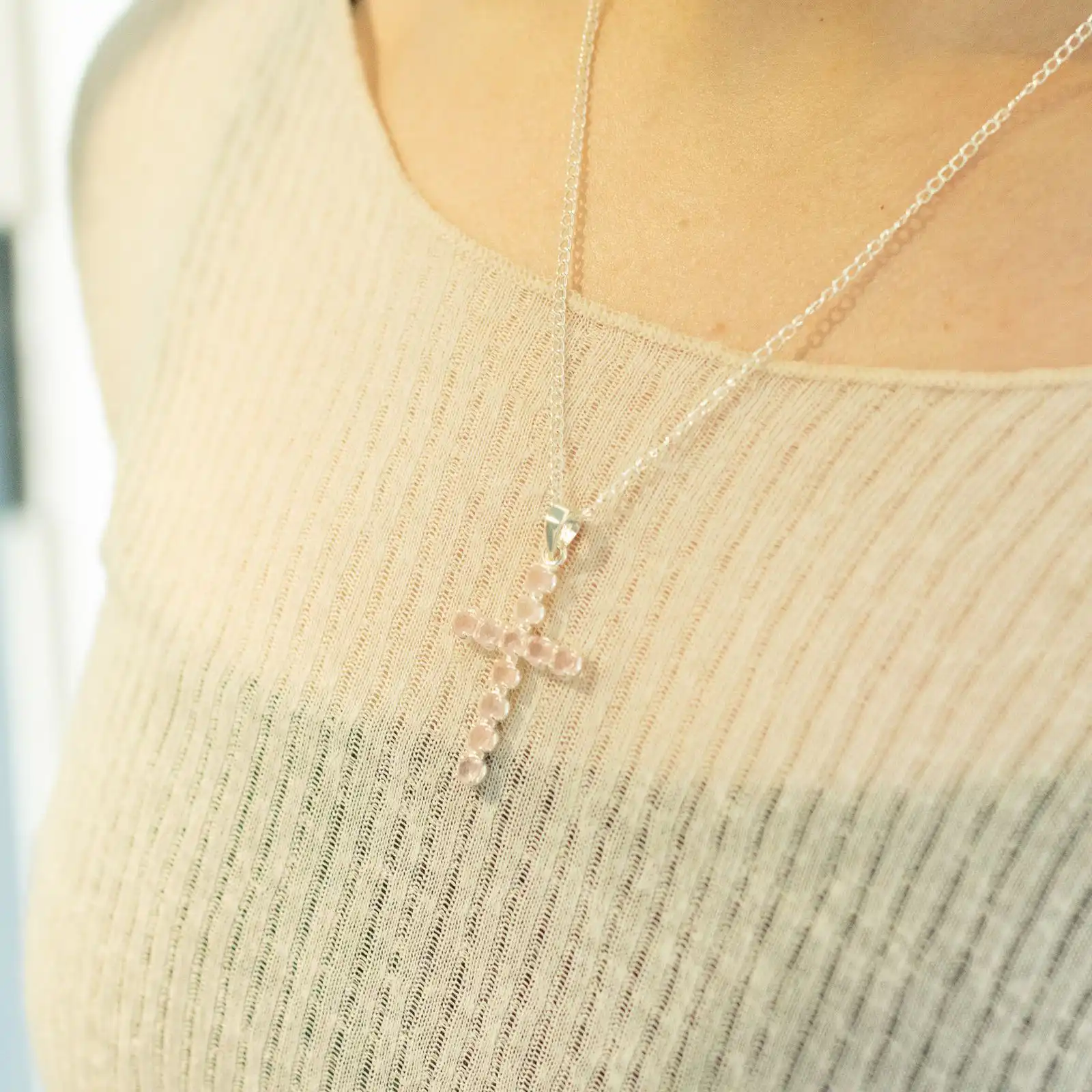 Indian Devotional Pendant - Silver Plated (45cm Chain)- Rose Quartz Crucifix