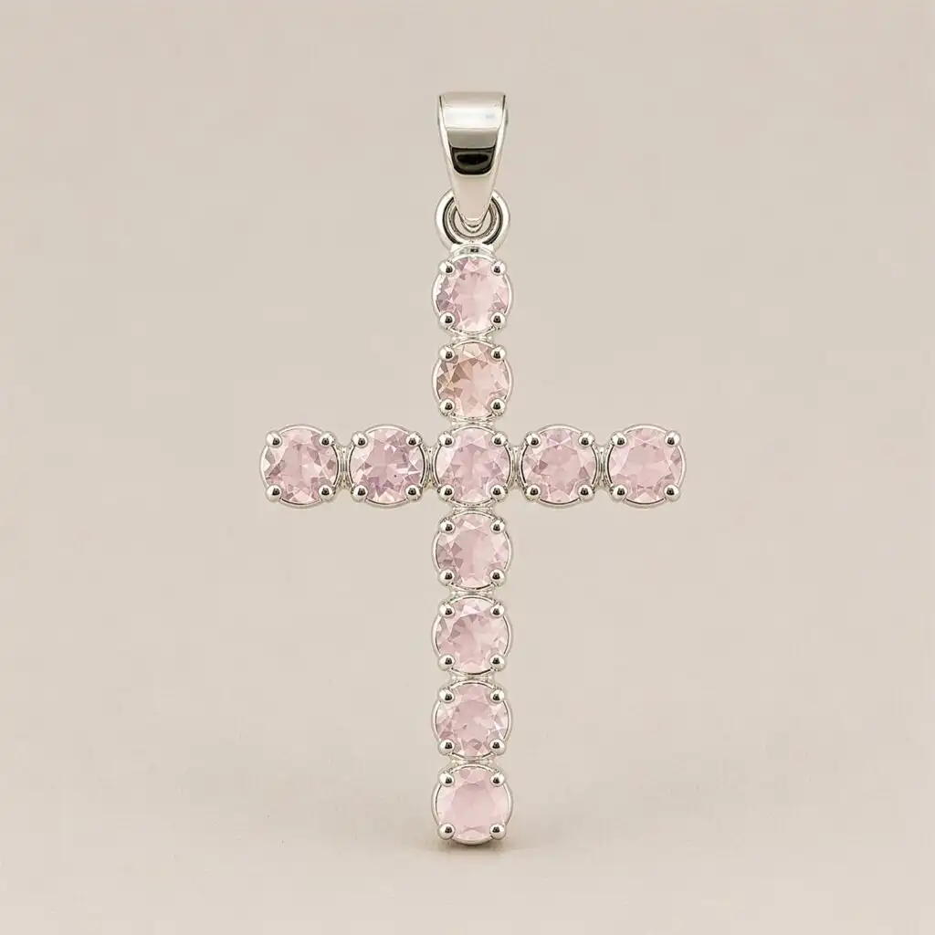 Indian Devotional Pendant - Silver Plated (45cm Chain)- Rose Quartz Crucifix