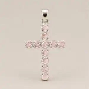 Indian Devotional Pendant - Silver Plated (45cm Chain)- Rose Quartz Crucifix
