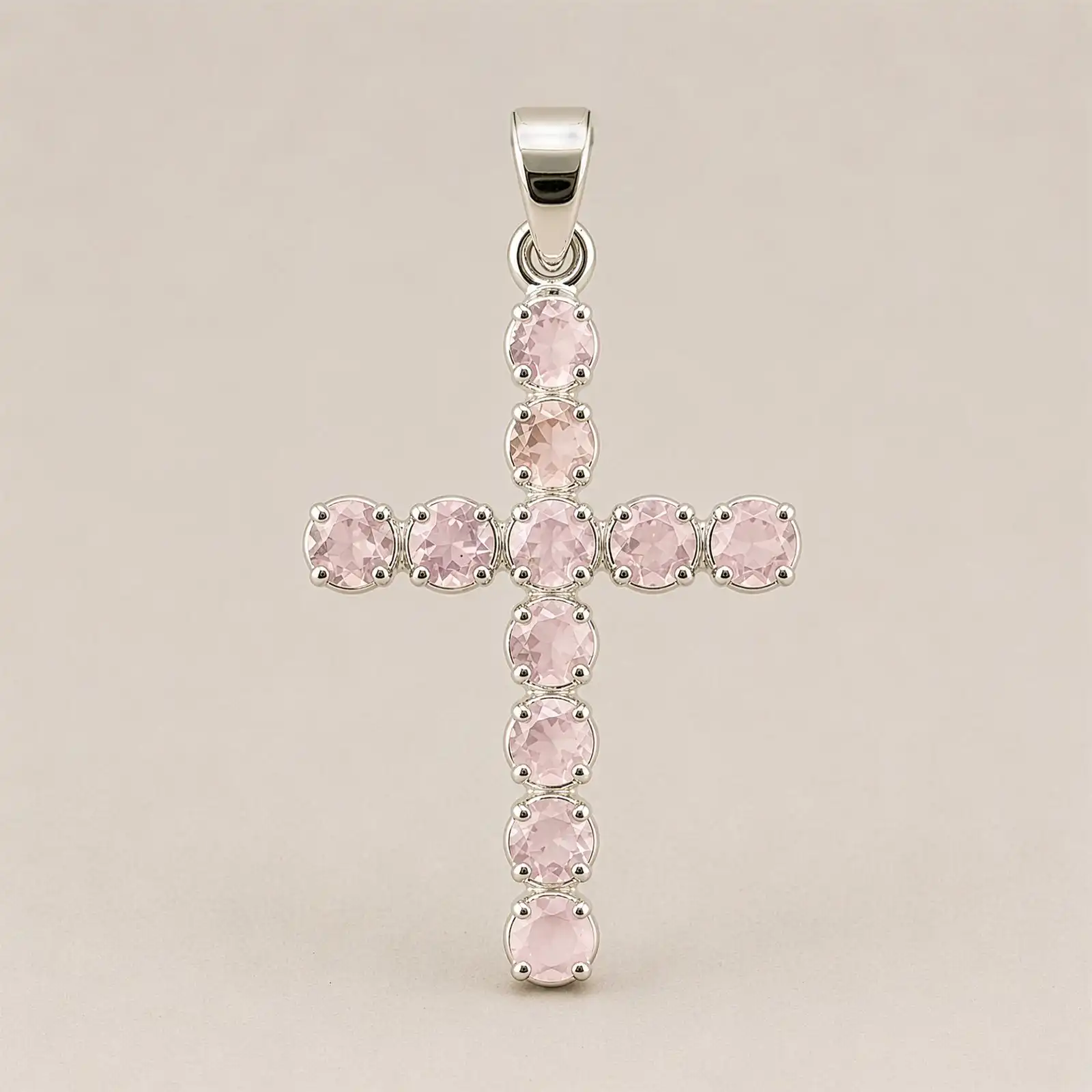 Indian Devotional Pendant - Silver Plated (45cm Chain)- Rose Quartz Crucifix