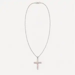 Indian Devotional Pendant - Silver Plated (45cm Chain)- Rose Quartz Crucifix
