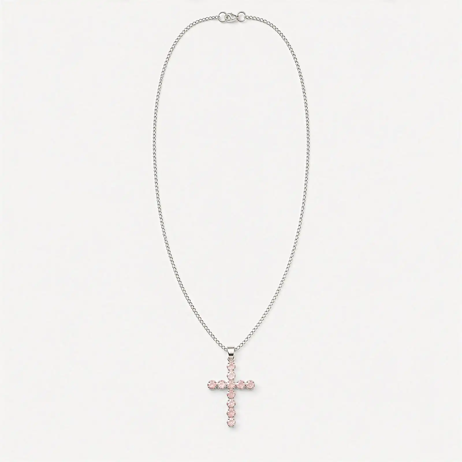 Indian Devotional Pendant - Silver Plated (45cm Chain)- Rose Quartz Crucifix