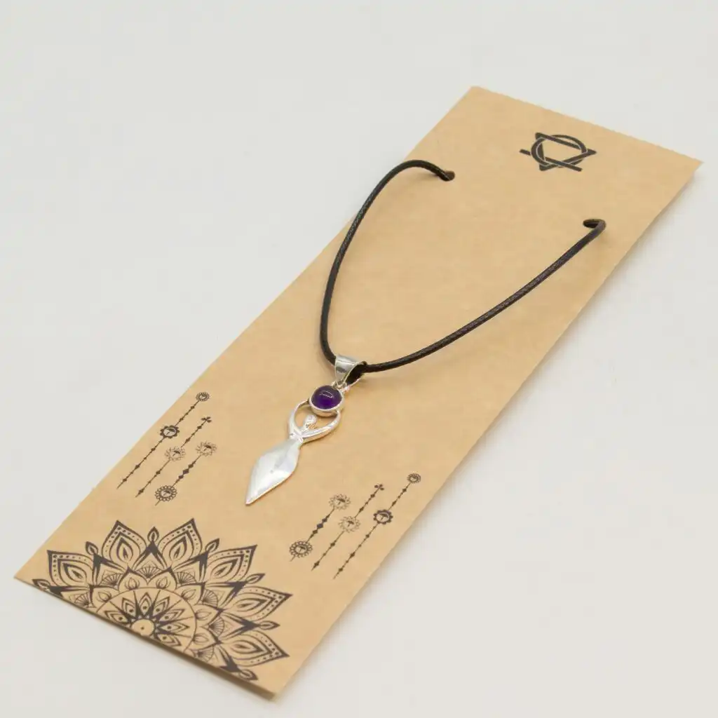 Indian Devotional Pendant - Silver Plated (45cm Cord)- Goddess Amethyst