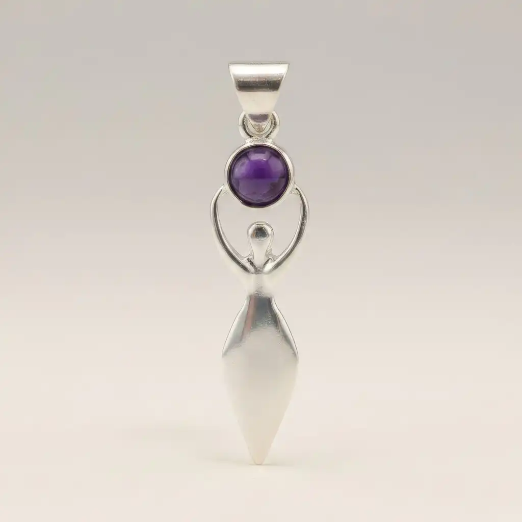 Indian Devotional Pendant - Silver Plated (45cm Cord)- Goddess Amethyst