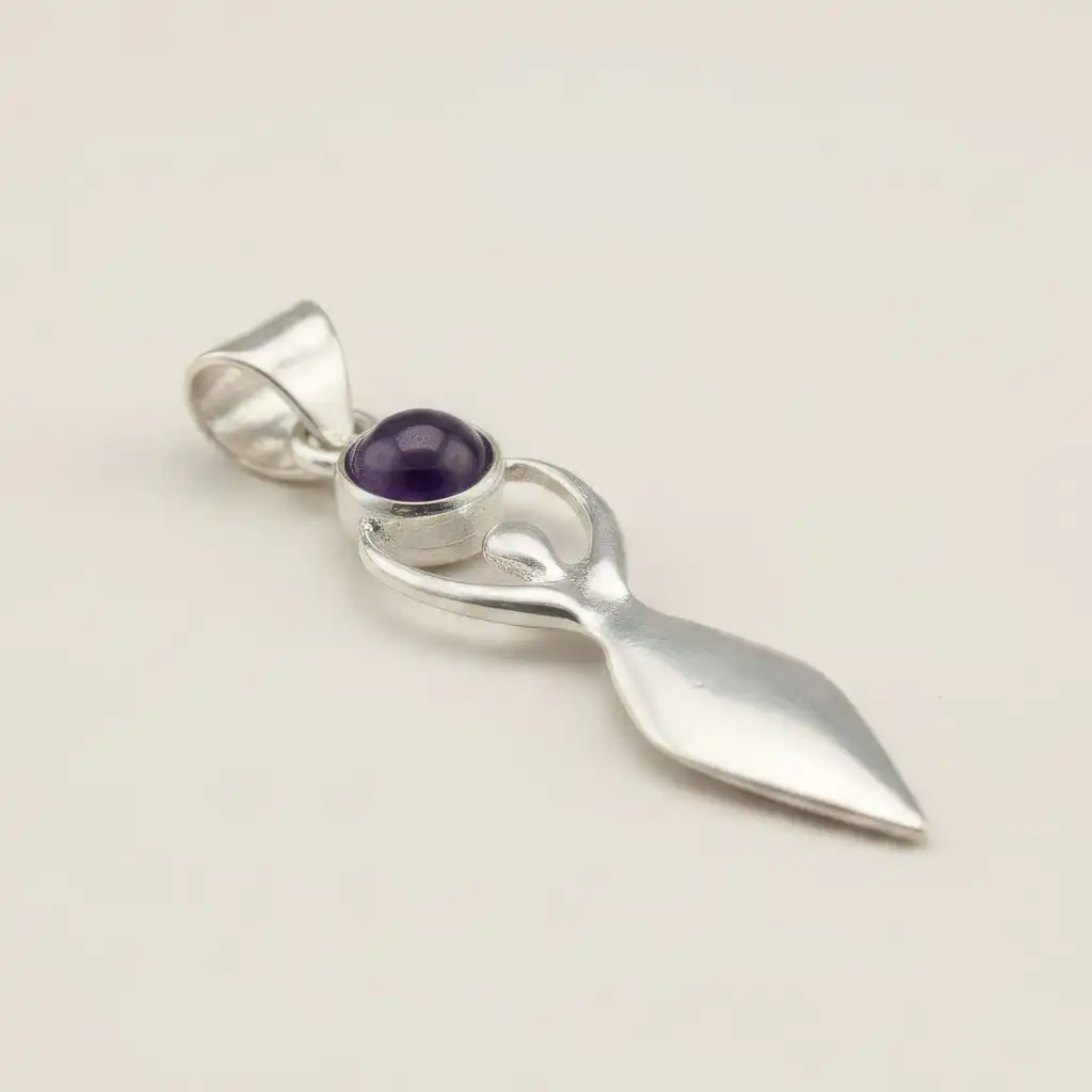Indian Devotional Pendant - Silver Plated (45cm Cord)- Goddess Amethyst