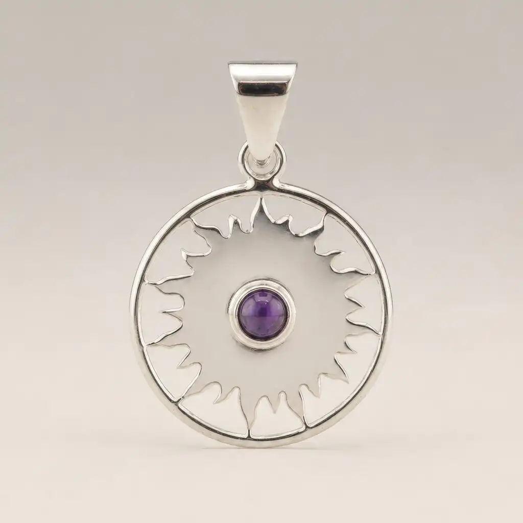 Indian Devotional Pendant - Silver Plated (45cm Cord)- Sun Worship Amethyst