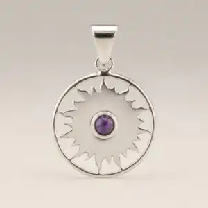 Indian Devotional Pendant - Silver Plated (45cm Cord)- Sun Worship Amethyst