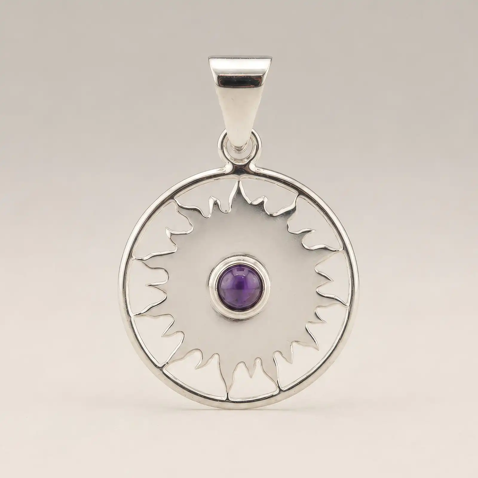 Indian Devotional Pendant - Silver Plated (45cm Cord)- Sun Worship Amethyst