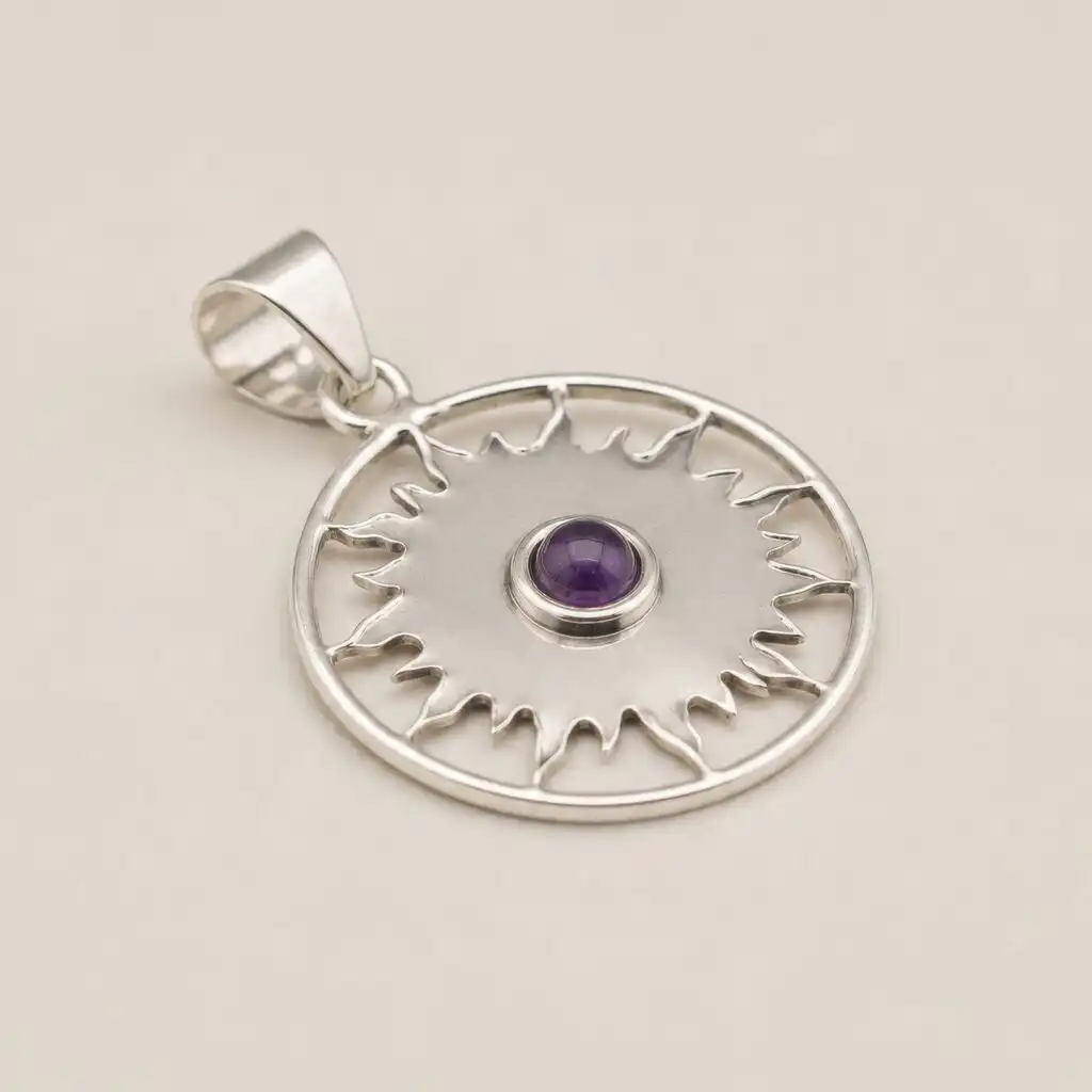 Indian Devotional Pendant - Silver Plated (45cm Cord)- Sun Worship Amethyst