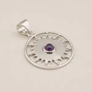 Indian Devotional Pendant - Silver Plated (45cm Cord)- Sun Worship Amethyst