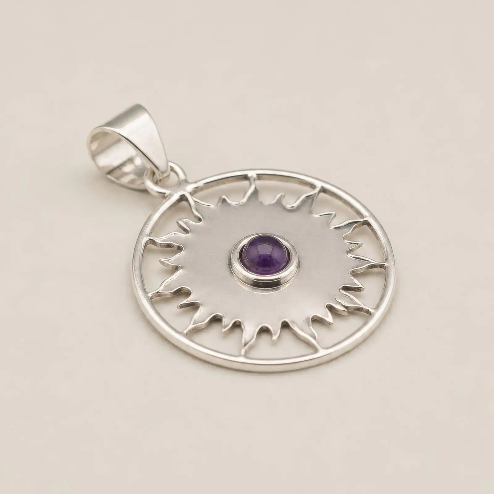 Indian Devotional Pendant - Silver Plated (45cm Cord)- Sun Worship Amethyst