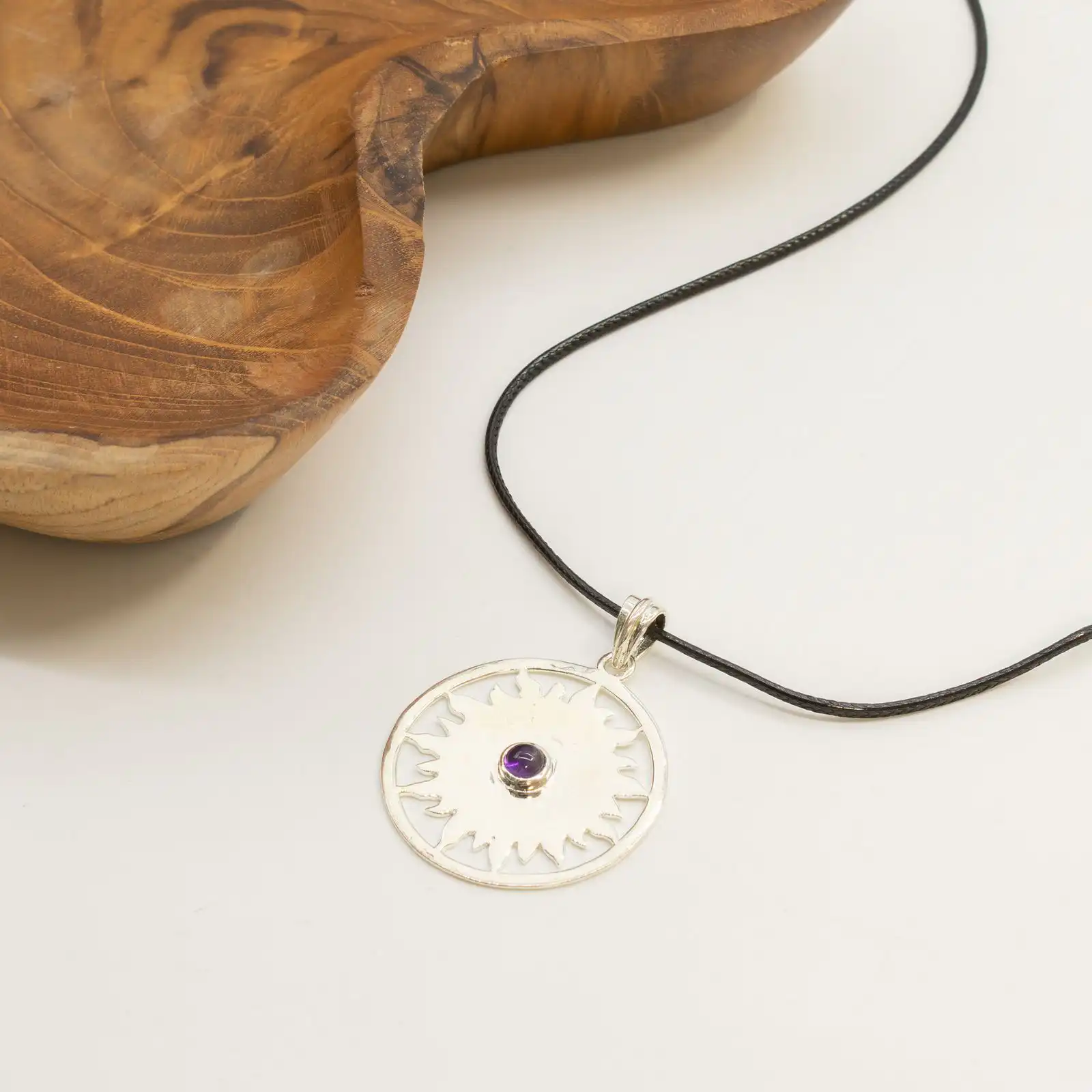 Indian Devotional Pendant - Silver Plated (45cm Cord)- Sun Worship Amethyst