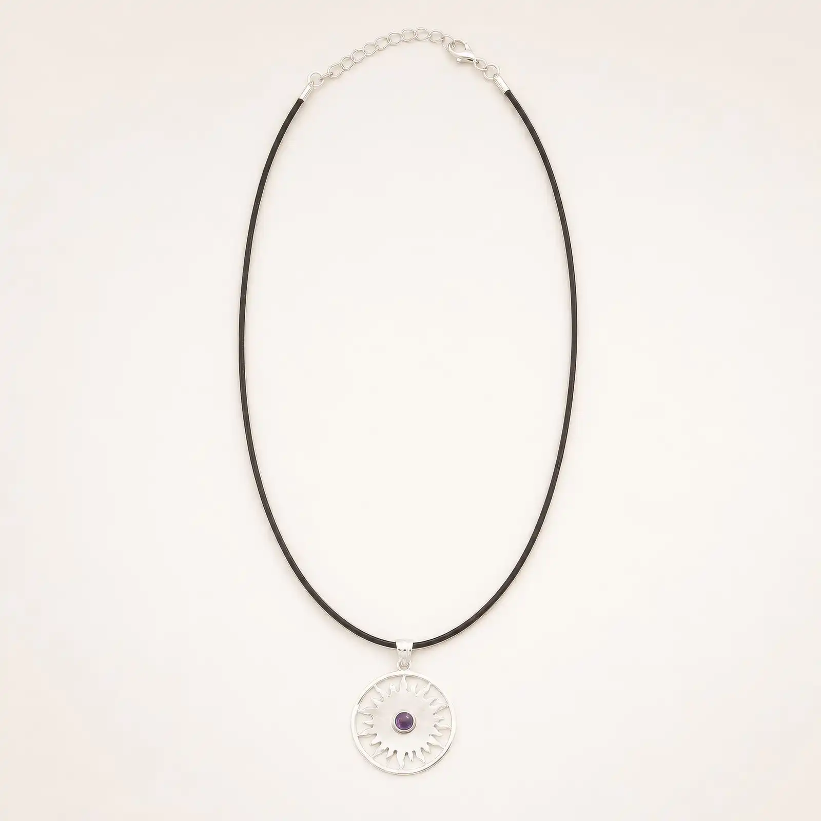Indian Devotional Pendant - Silver Plated (45cm Cord)- Sun Worship Amethyst