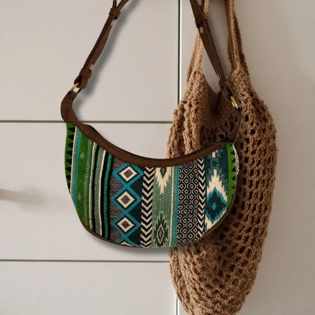 Jacquard Hobo Bag – Bold Greens (brown strap) | www.artisangoods.co.uk 3