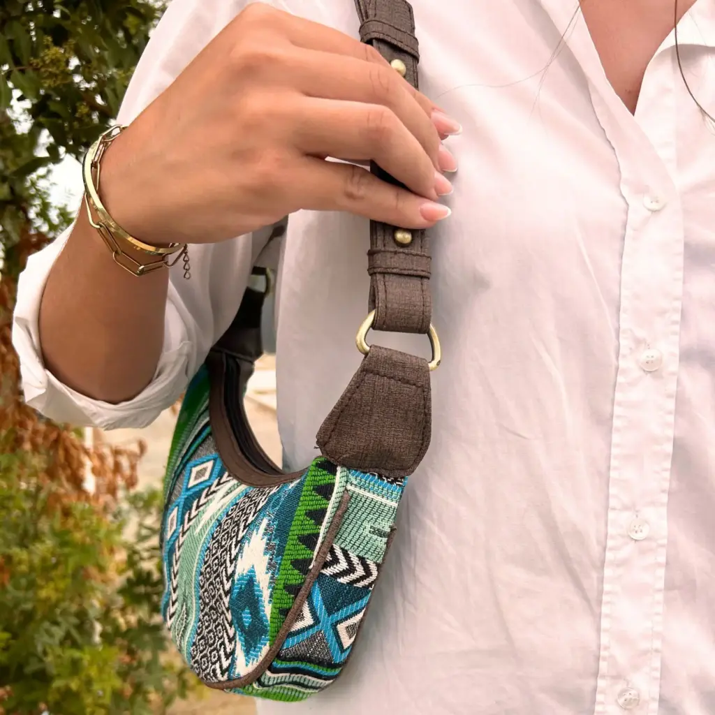 Jacquard Hobo Bag – Bold Greens (brown strap) | www.artisangoods.co.uk 4
