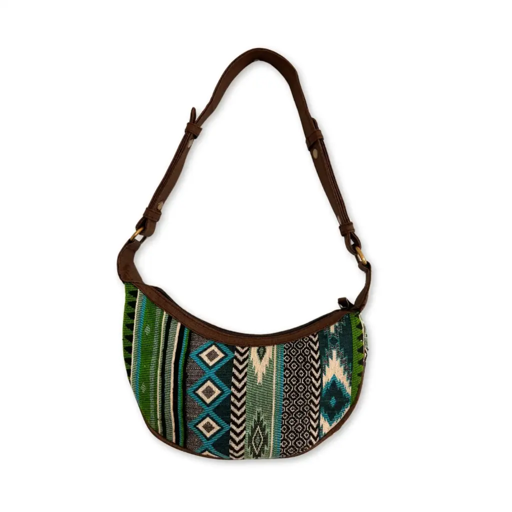 Jacquard Hobo Bag – Bold Greens (brown strap) | www.artisangoods.co.uk 2
