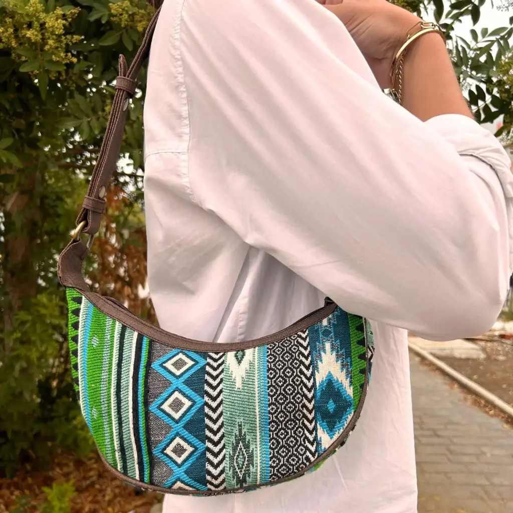 Jacquard Hobo Bag – Bold Greens (brown strap) | www.artisangoods.co.uk